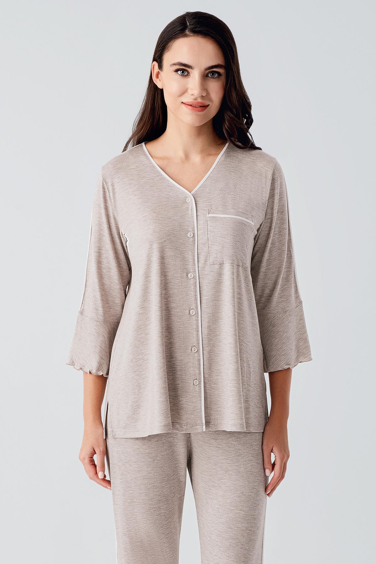 Buttoned Long Sleeve Short Flexible Viscose Maternity Pajama Set 16207