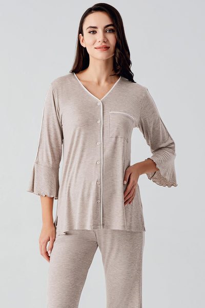 Buttoned Long Sleeve Short Flexible Viscose Maternity Pajama Set 16207