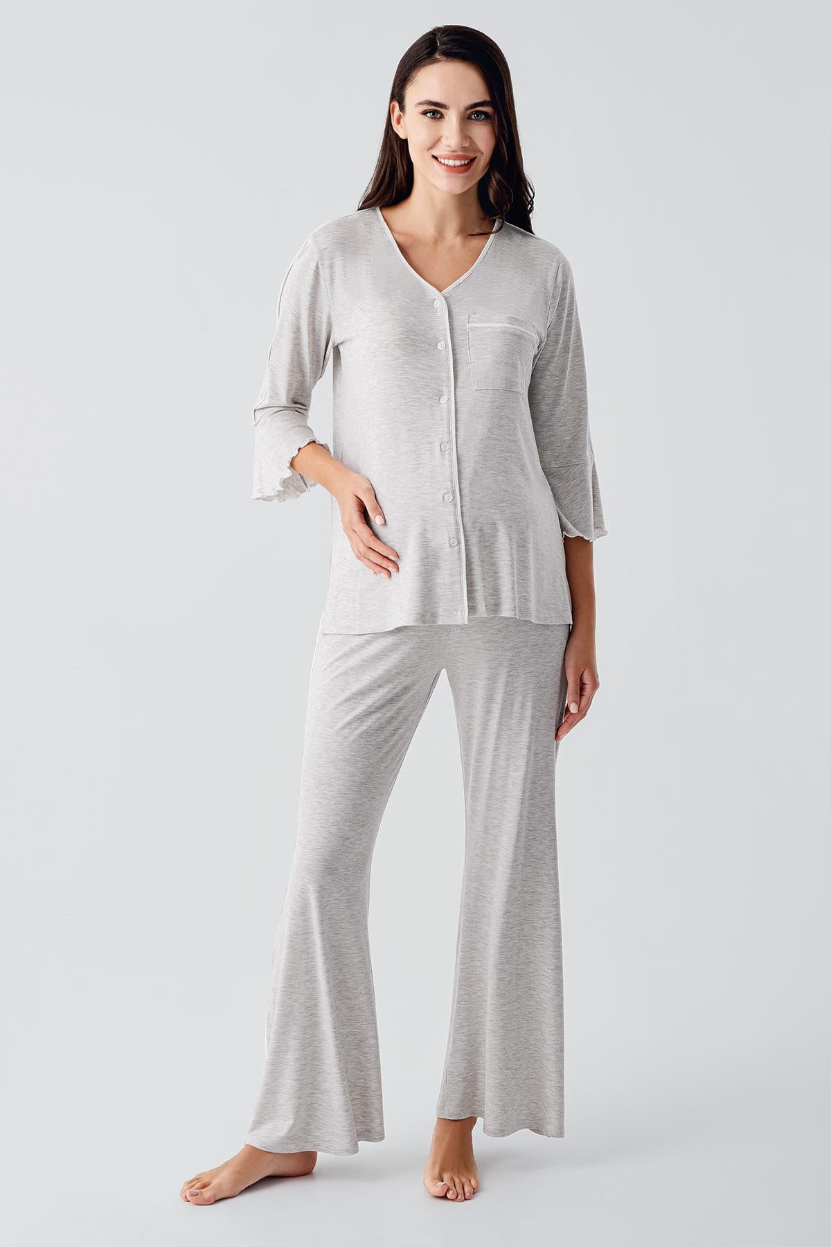 Buttoned Long Sleeve Short Flexible Viscose Maternity Pajama Set 16207