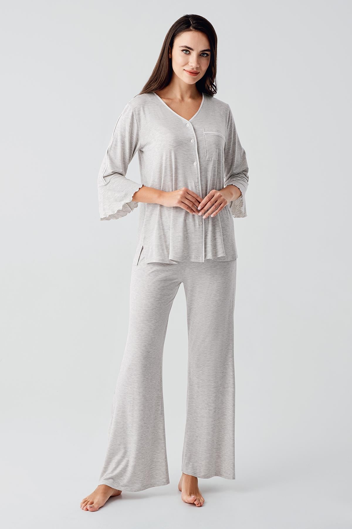 Buttoned Long Sleeve Short Flexible Viscose Maternity Pajama Set 16207