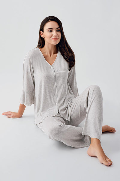 Buttoned Long Sleeve Short Flexible Viscose Maternity Pajama Set 16207