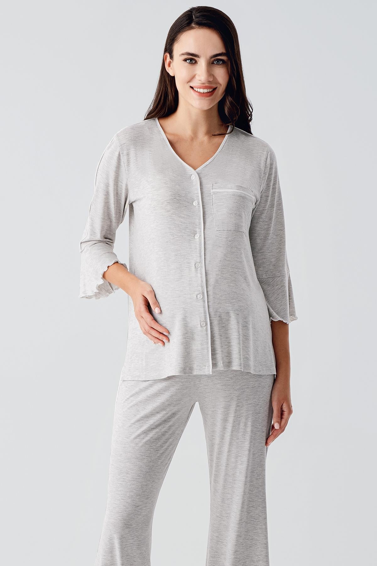 Buttoned Long Sleeve Short Flexible Viscose Maternity Pajama Set 16207