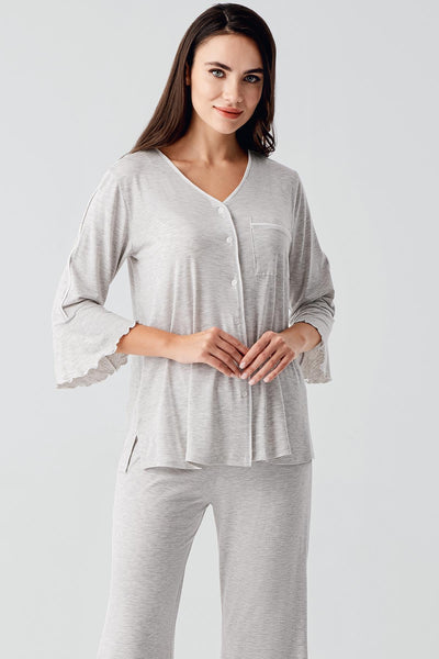 Buttoned Long Sleeve Short Flexible Viscose Maternity Pajama Set 16207