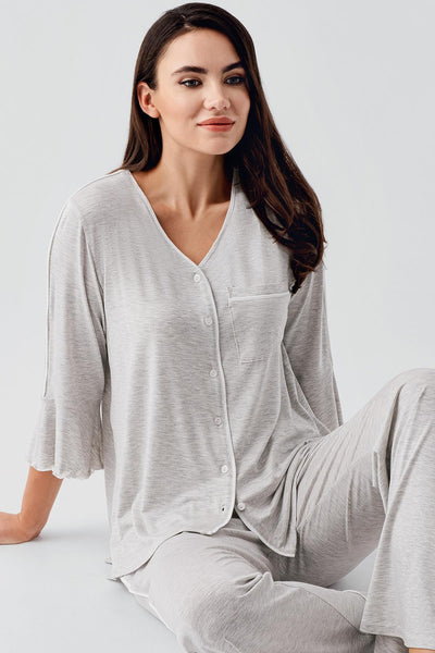 Buttoned Long Sleeve Short Flexible Viscose Maternity Pajama Set 16207