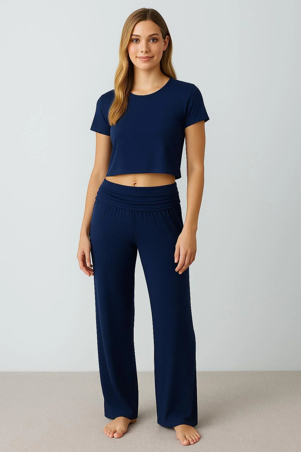 Straight Leg Fold-Back Waist Flexible Viscose Trousers VTP01