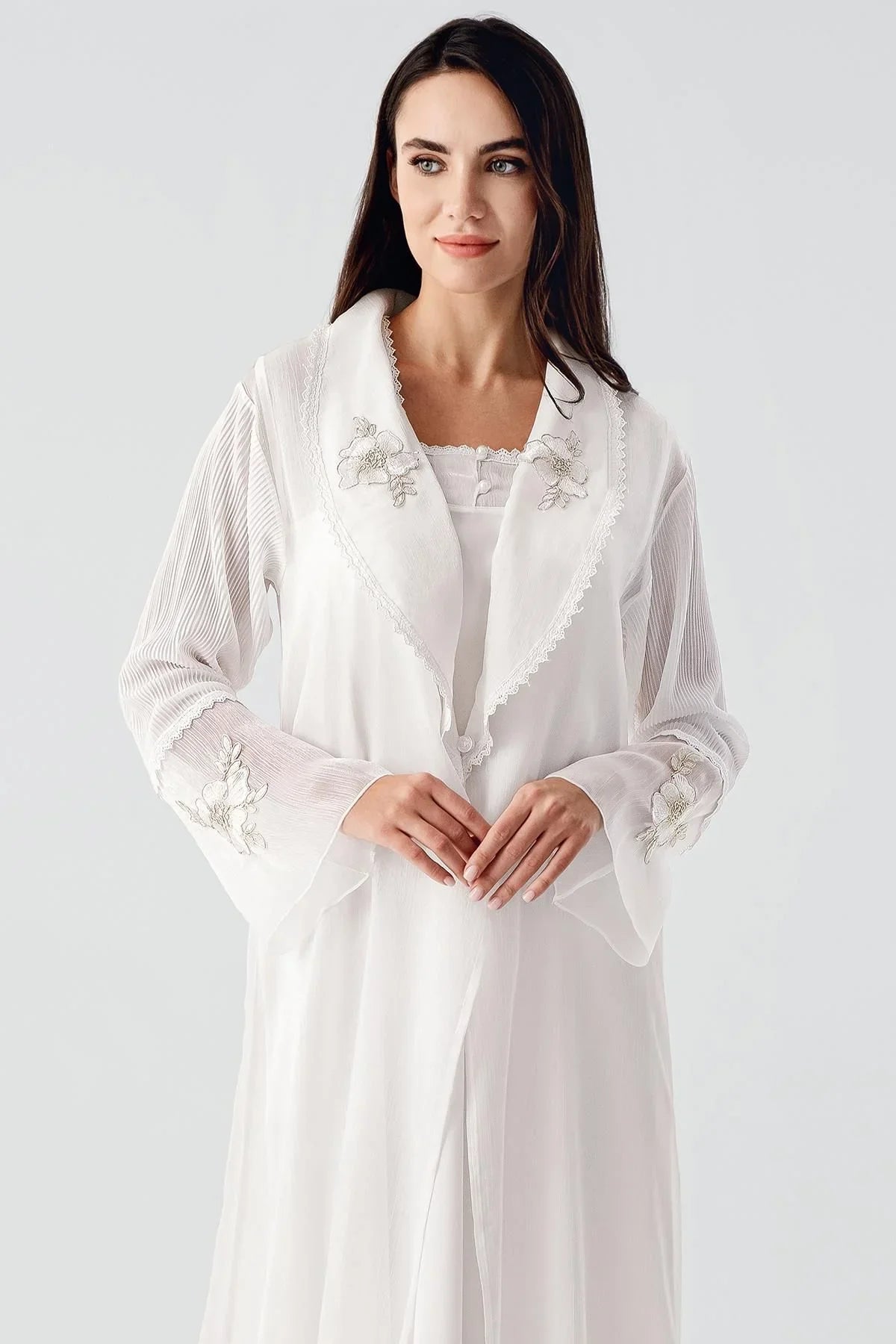 Elegant Dokuma Dantelli Viskoz Sabahlık Gecelik Takım BN01 - Artış Collection