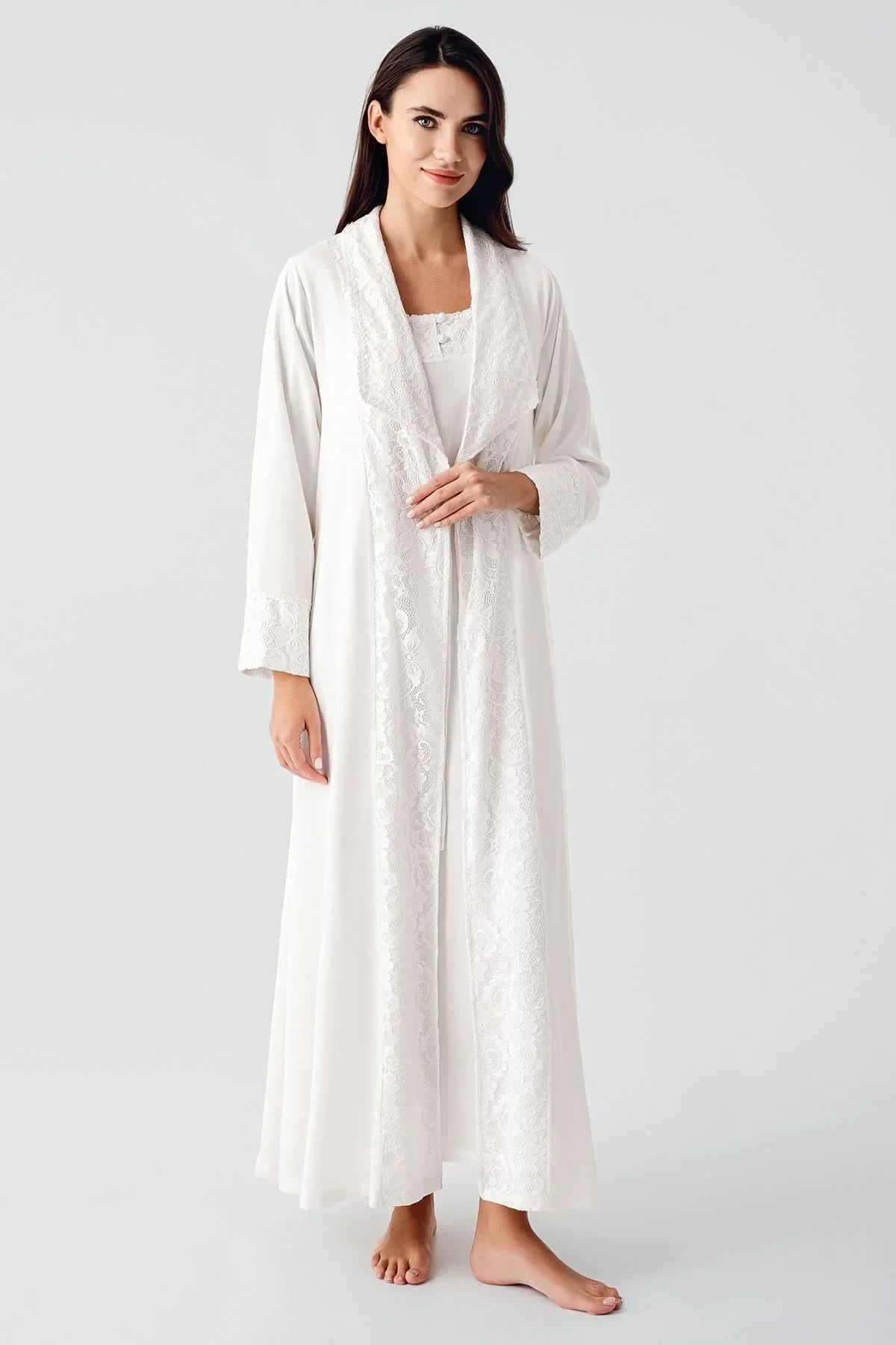 Elegant Dokuma Dantelli Viskoz Sabahlık Gecelik Takım BN02