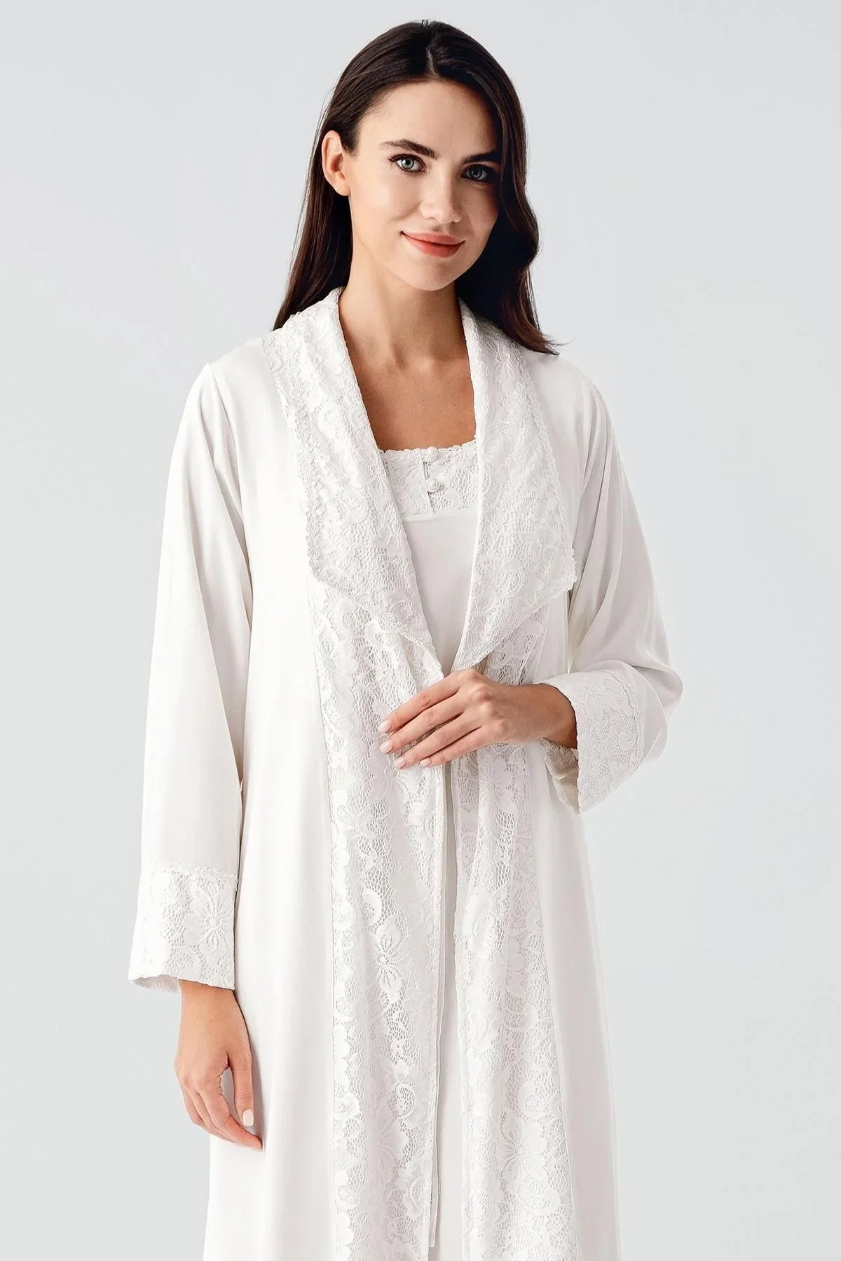 Elegant Dokuma Dantelli Viskoz Sabahlık Gecelik Takım BN02 - Artış Collection