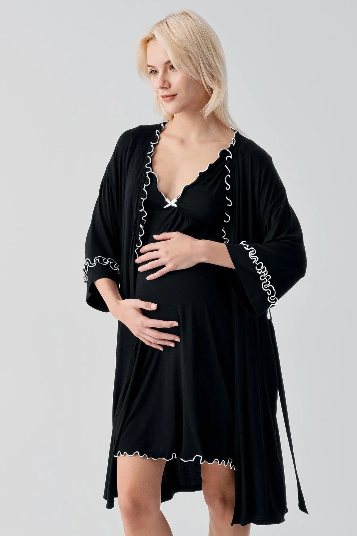 Askılı Kısa Esnek Likralı Viskoz Soft Hamile Sabahlık Gecelik Takım 19400