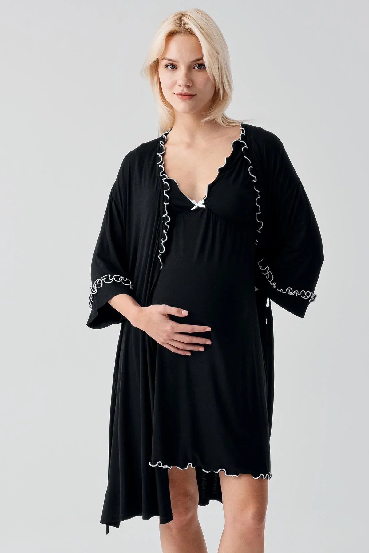 Askılı Kısa Esnek Likralı Viskoz Soft Hamile Sabahlık Gecelik Takım 19400