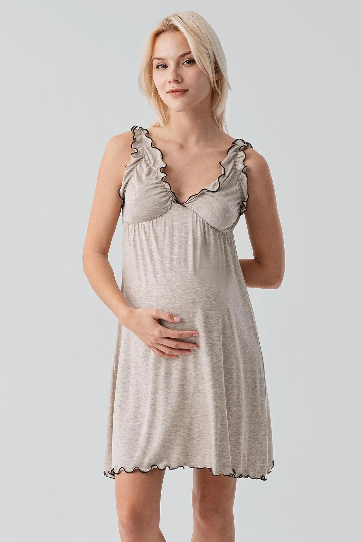 Askılı Kısa Esnek Likralı Viskoz Soft Hamile Sabahlık Gecelik Takım 19400