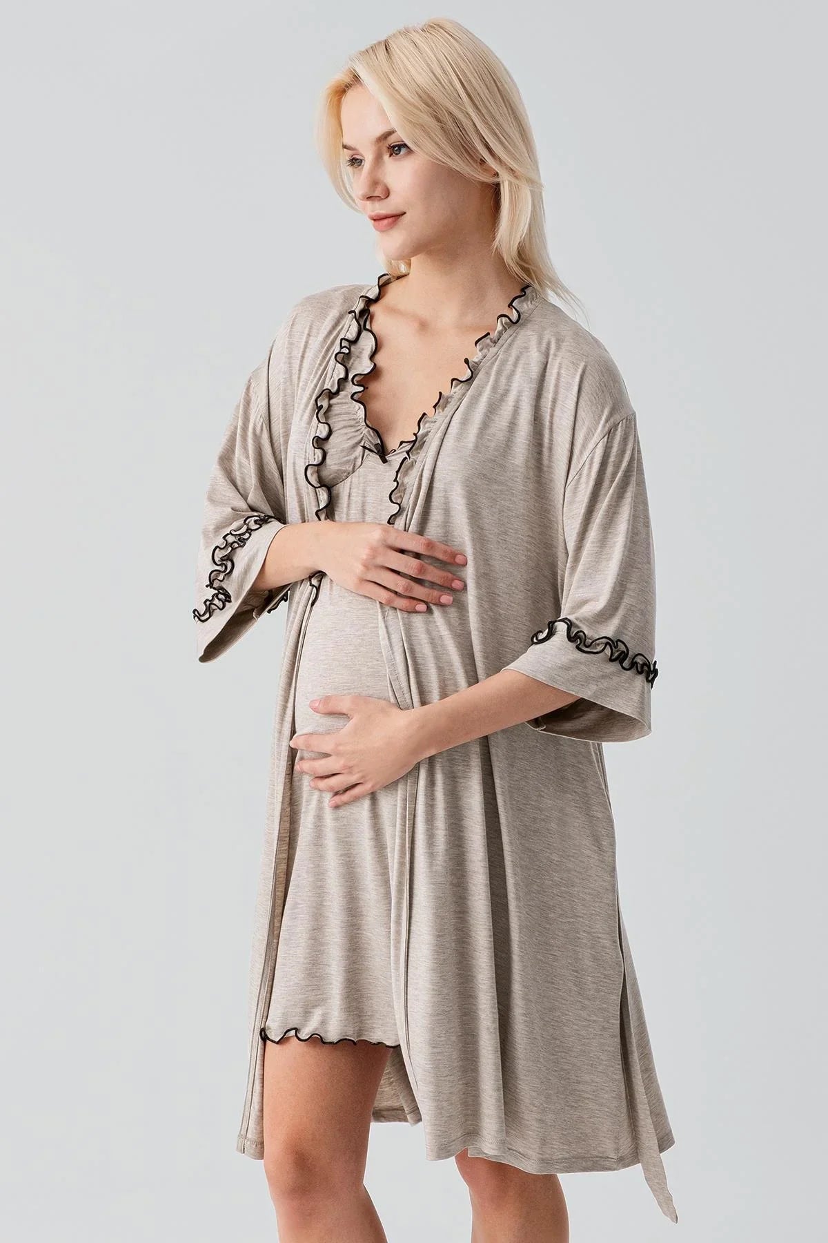 Askılı Kısa Esnek Likralı Viskoz Soft Hamile Sabahlık Gecelik Takım 19400