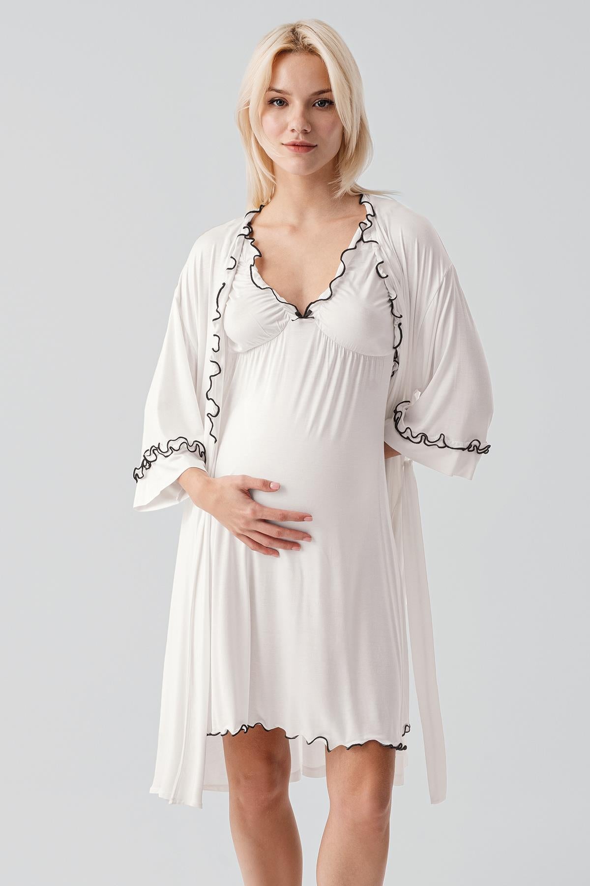 Askılı Kısa Esnek Viskoz Hamile Sabahlık Gecelik Takım 19400