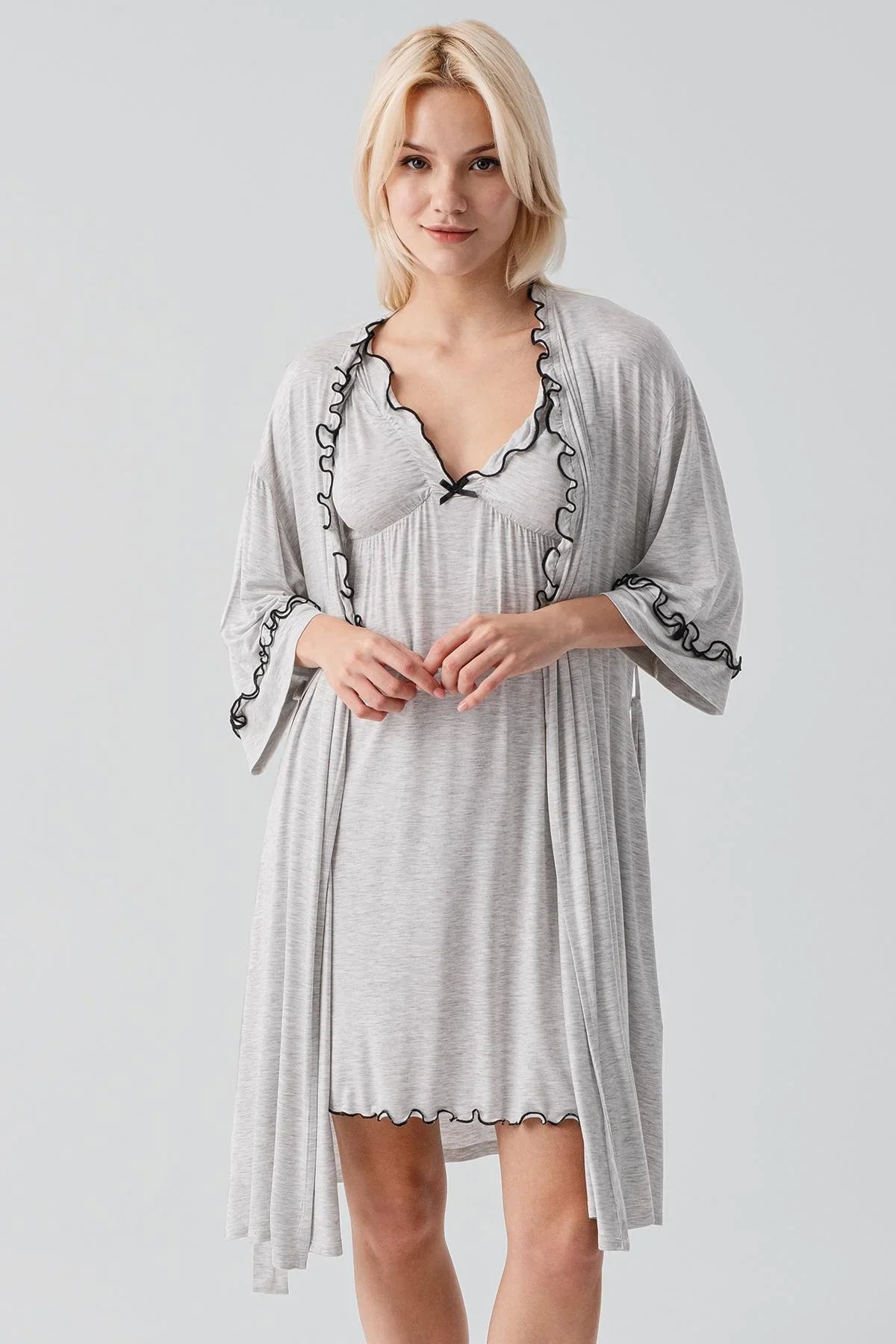 Askılı Kısa Esnek Likralı Viskoz Soft Hamile Sabahlık Gecelik Takım 19400