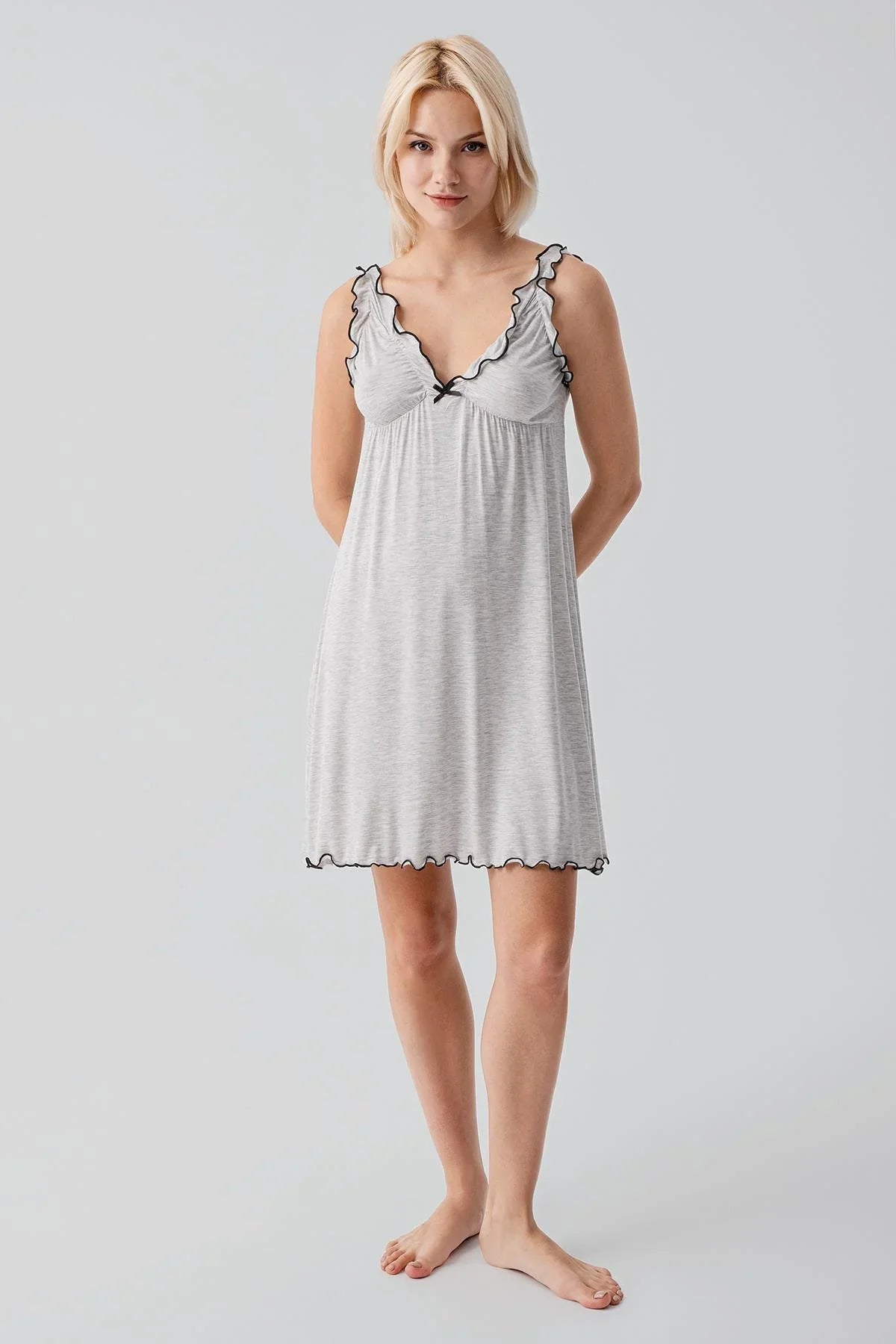 Askılı Kısa Esnek Likralı Viskoz Soft Hamile Sabahlık Gecelik Takım 19400