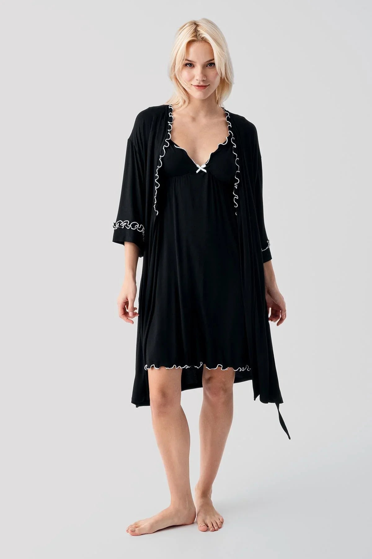 Askılı Kısa Esnek Likralı Viskoz Soft Hamile Sabahlık Gecelik Takım 19400