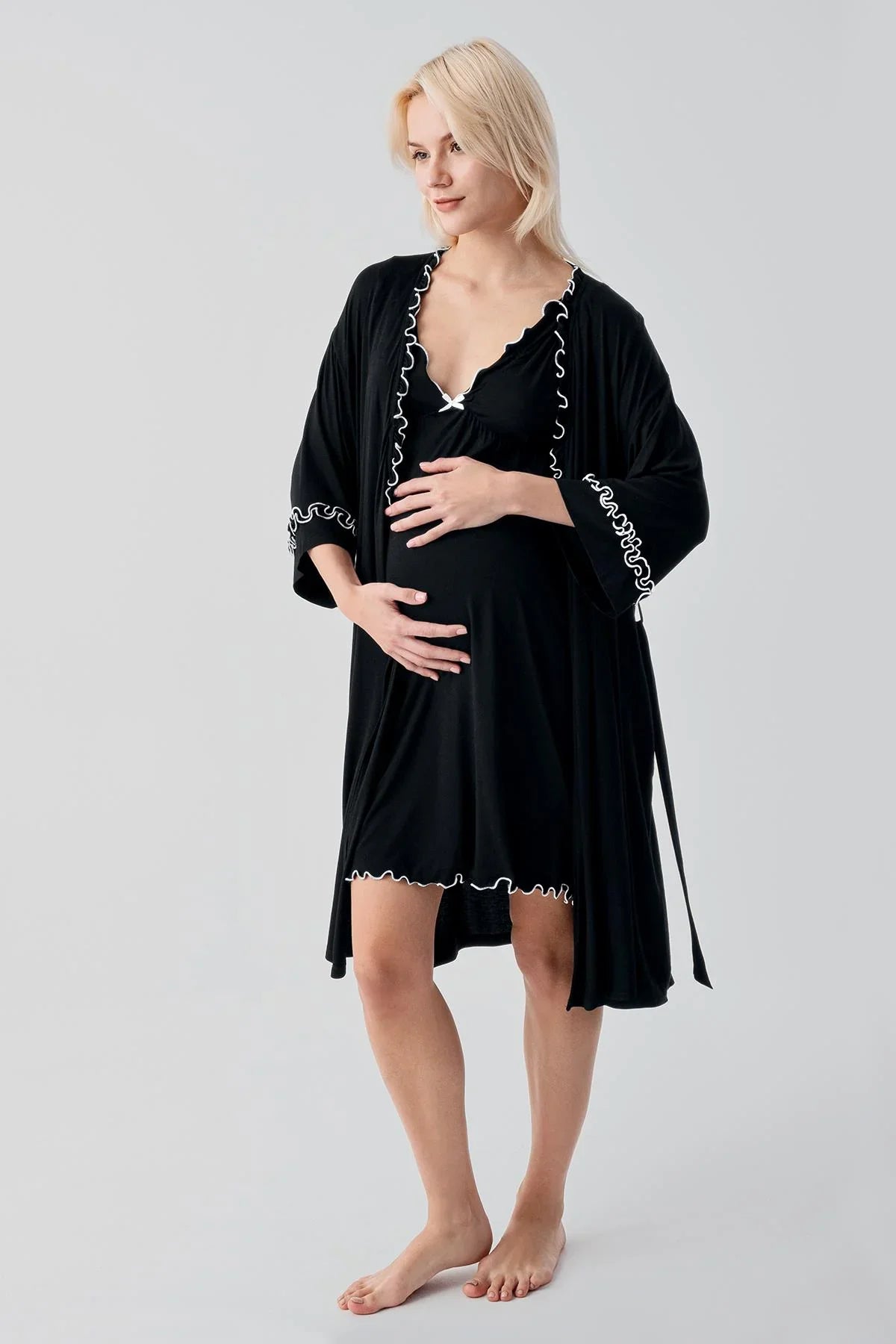 Askılı Kısa Esnek Likralı Viskoz Soft Hamile Sabahlık Gecelik Takım 19400