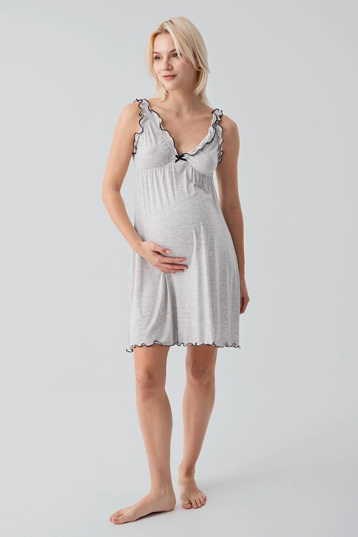 Askılı Kısa Esnek Likralı Viskoz Soft Hamile Sabahlık Gecelik Takım 19400