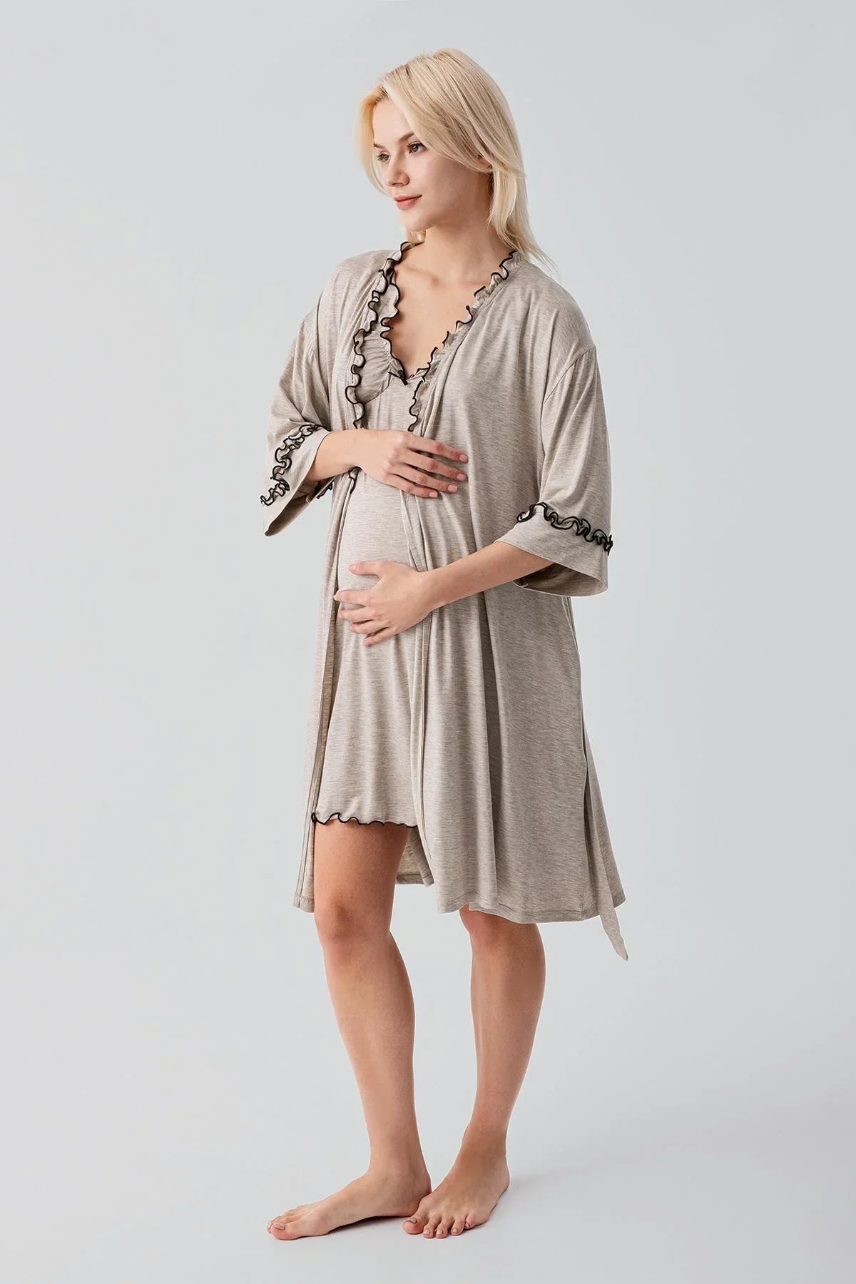 Askılı Kısa Esnek Likralı Viskoz Soft Hamile Sabahlık Gecelik Takım 19400