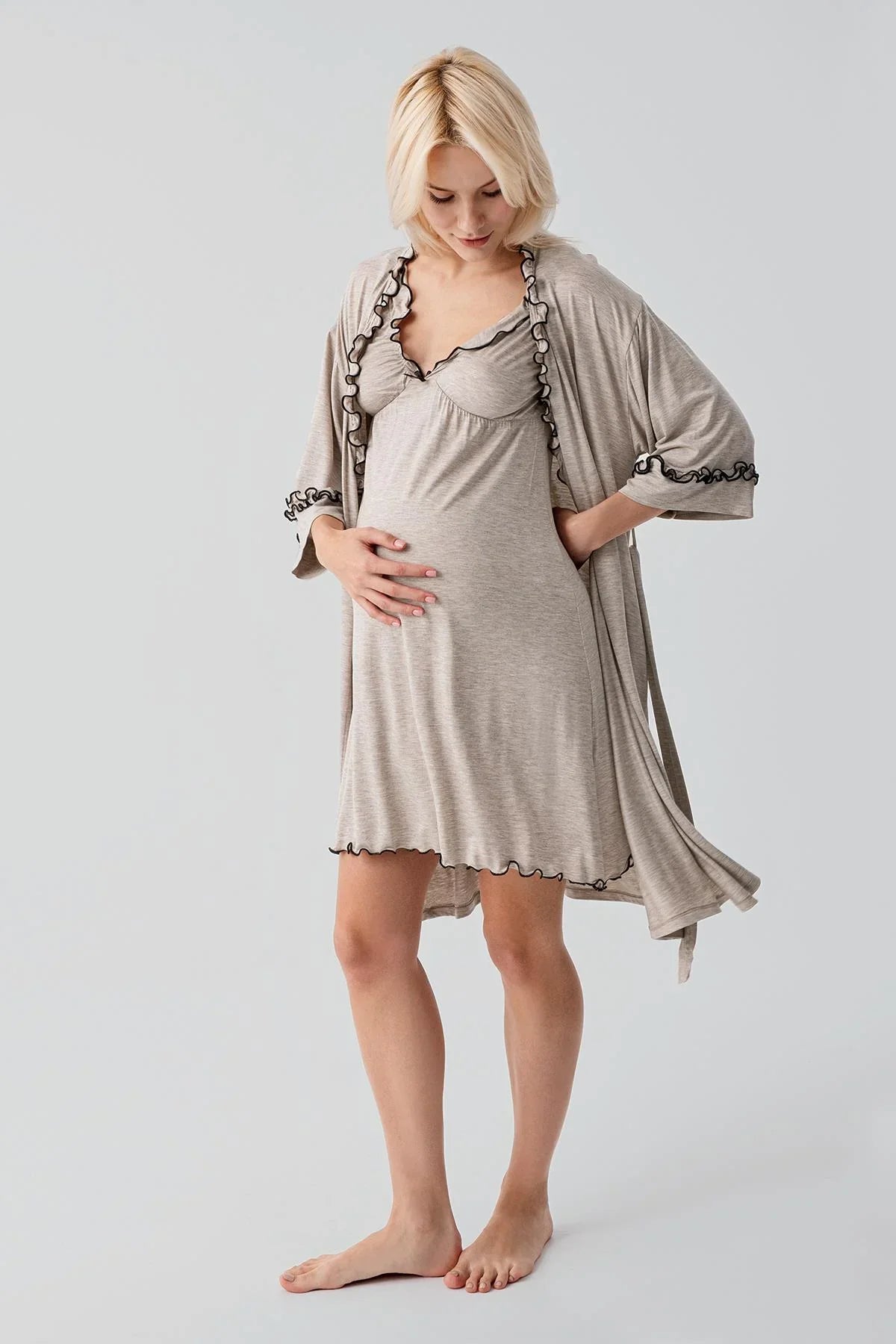 Askılı Kısa Esnek Likralı Viskoz Soft Hamile Sabahlık Gecelik Takım 19400