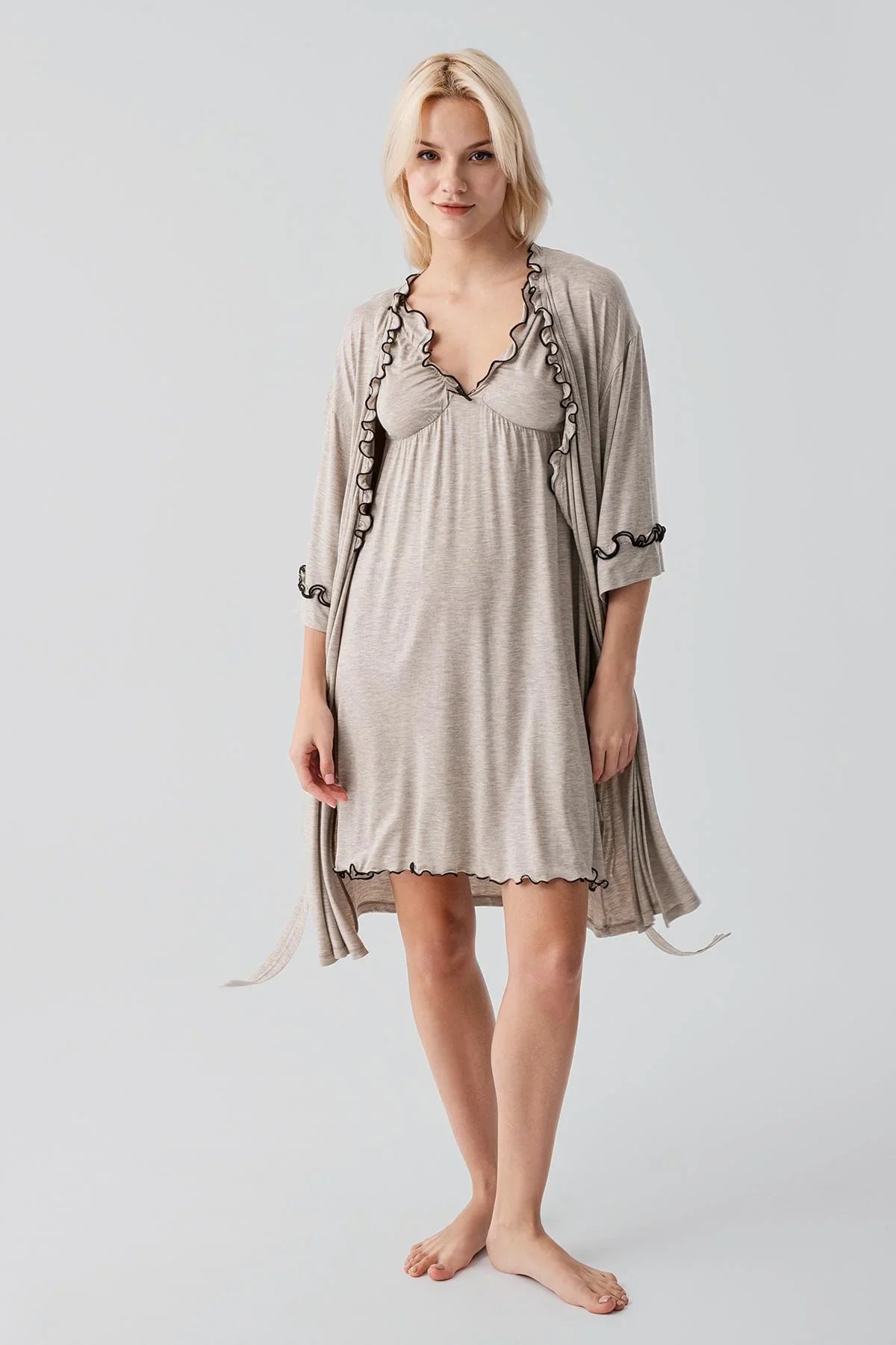 Askılı Kısa Esnek Likralı Viskoz Soft Hamile Sabahlık Gecelik Takım 19400