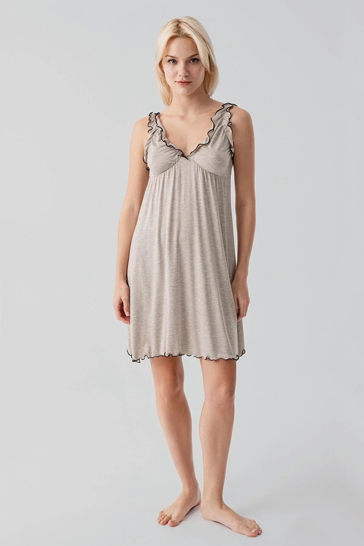 Askılı Kısa Esnek Likralı Viskoz Soft Hamile Sabahlık Gecelik Takım 19400