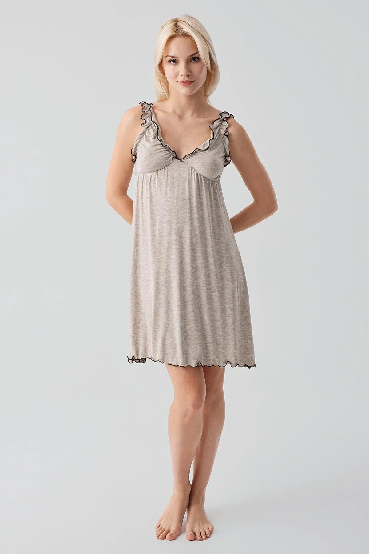 Askılı Kısa Esnek Likralı Viskoz Soft Hamile Sabahlık Gecelik Takım 19400