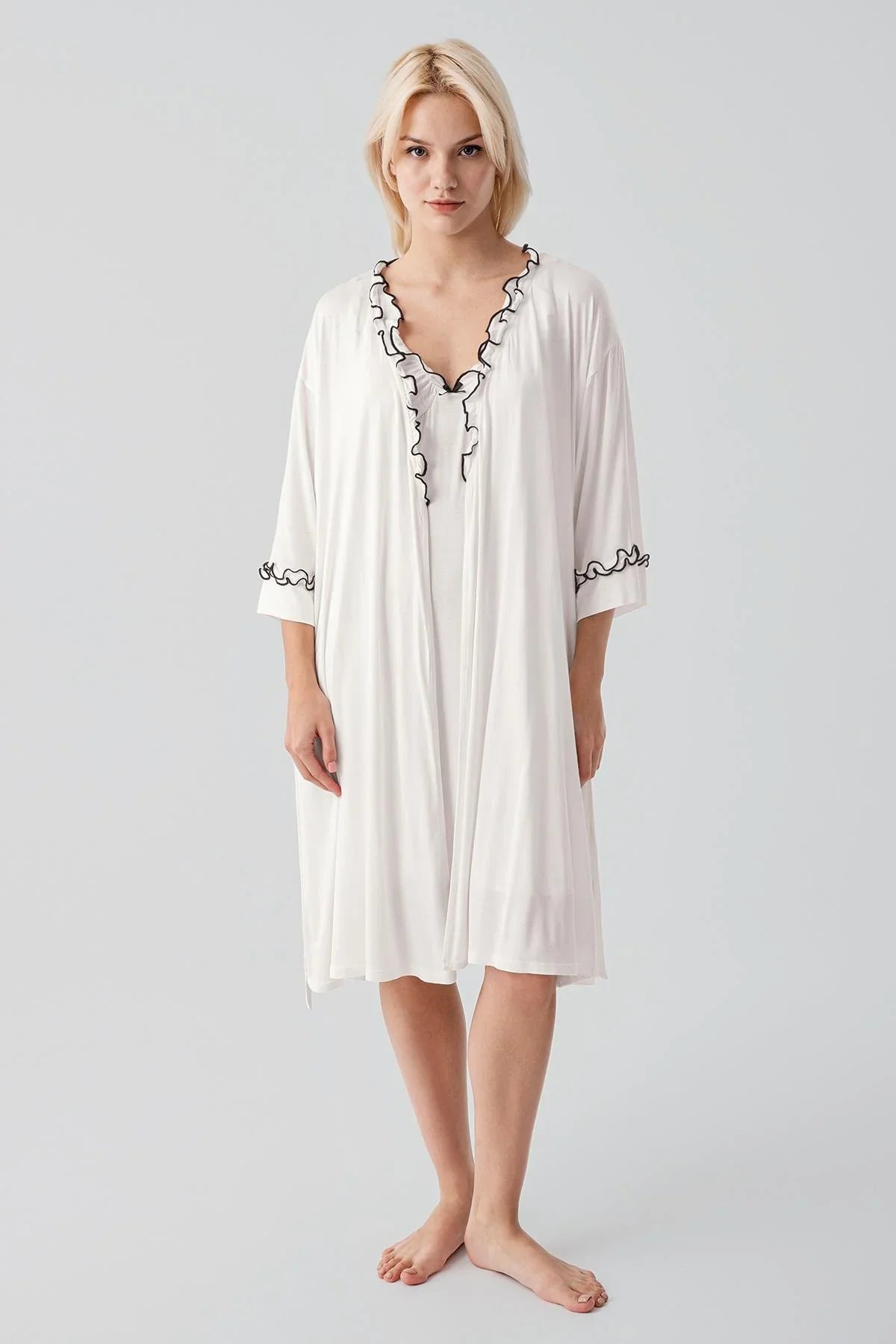 Askılı Kısa Esnek Likralı Viskoz Soft Hamile Sabahlık Gecelik Takım 19400