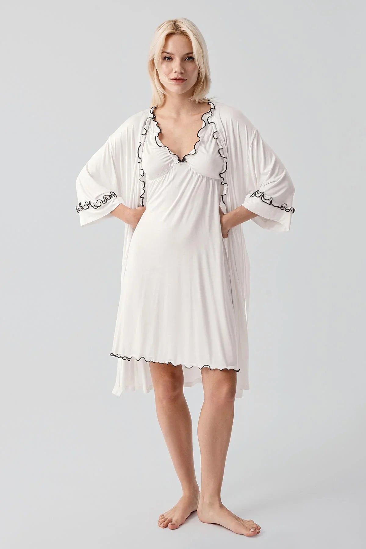 Askılı Kısa Esnek Likralı Viskoz Soft Hamile Sabahlık Gecelik Takım 19400