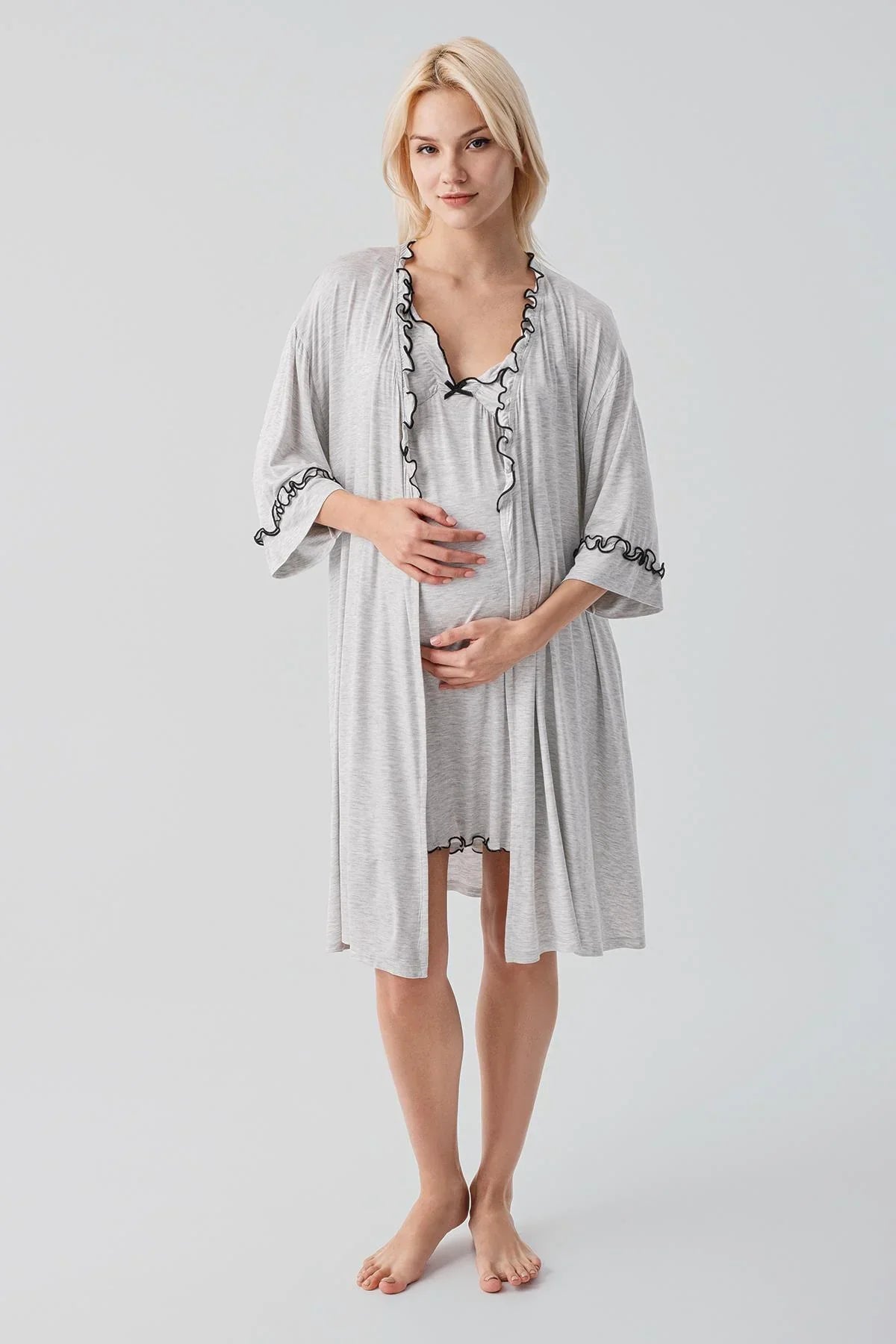 Askılı Kısa Esnek Likralı Viskoz Soft Hamile Sabahlık Gecelik Takım 19400