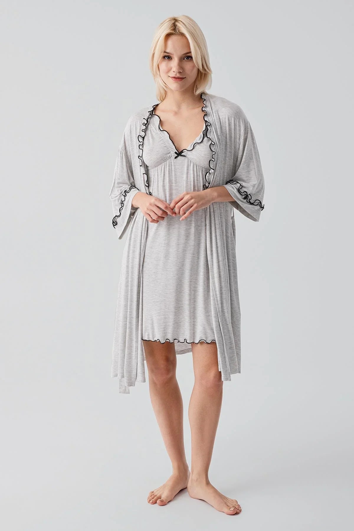 Askılı Kısa Esnek Likralı Viskoz Soft Hamile Sabahlık Gecelik Takım 19400