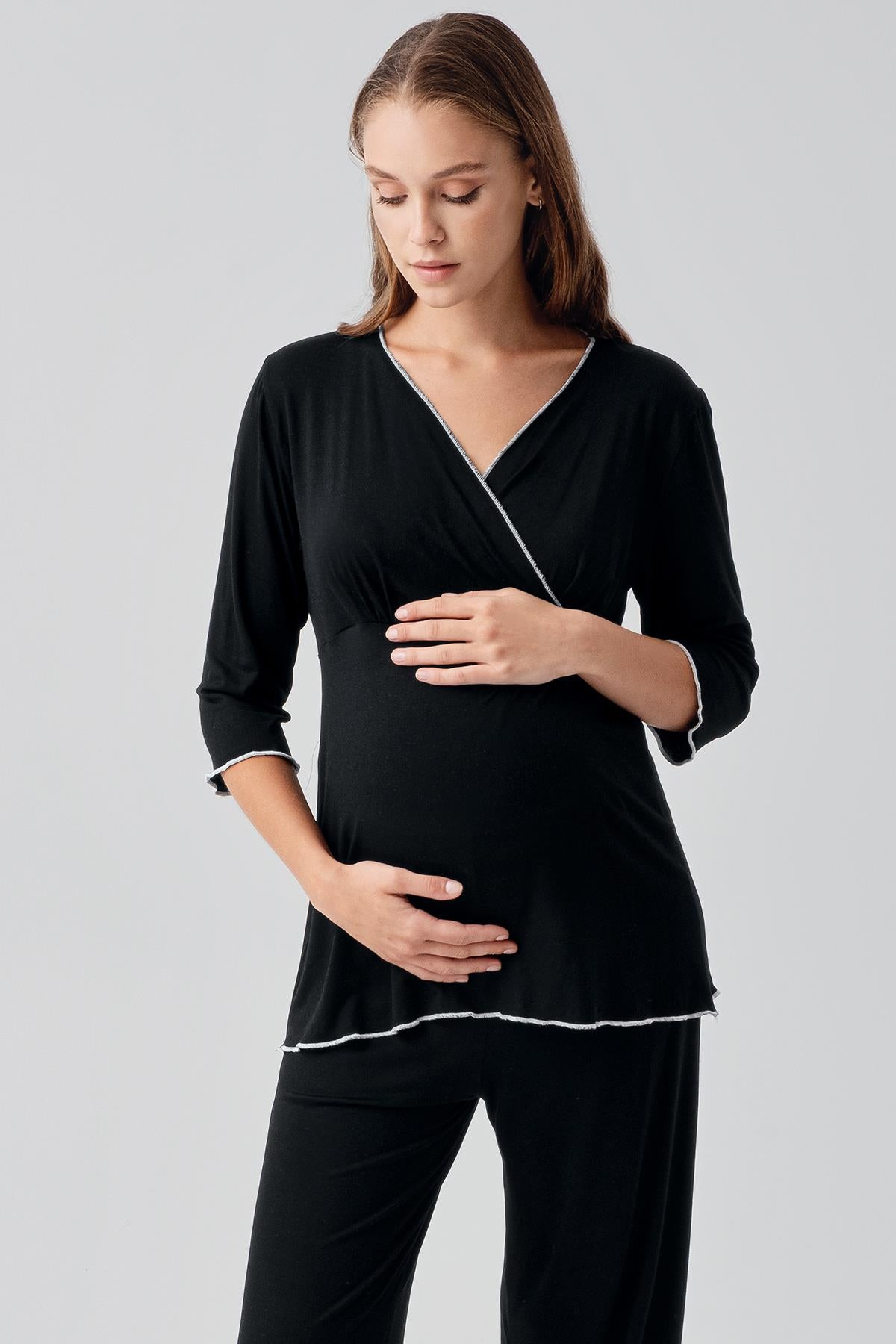 Uzun Kollu Likralı Esnek Viskoz Soft Hamile Pijama Takım 19212