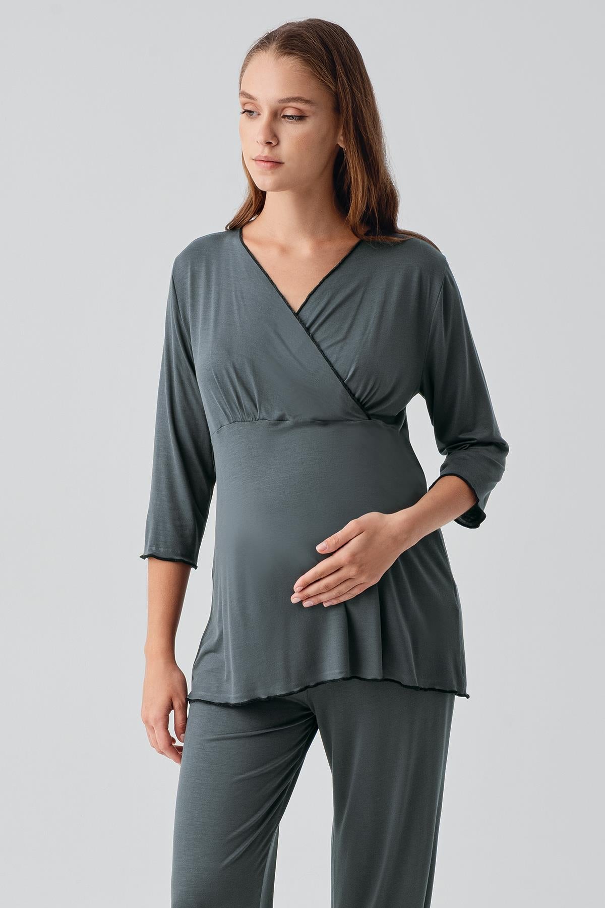 Uzun Kollu Likralı Esnek Viskoz Soft Hamile Pijama Takım 19212