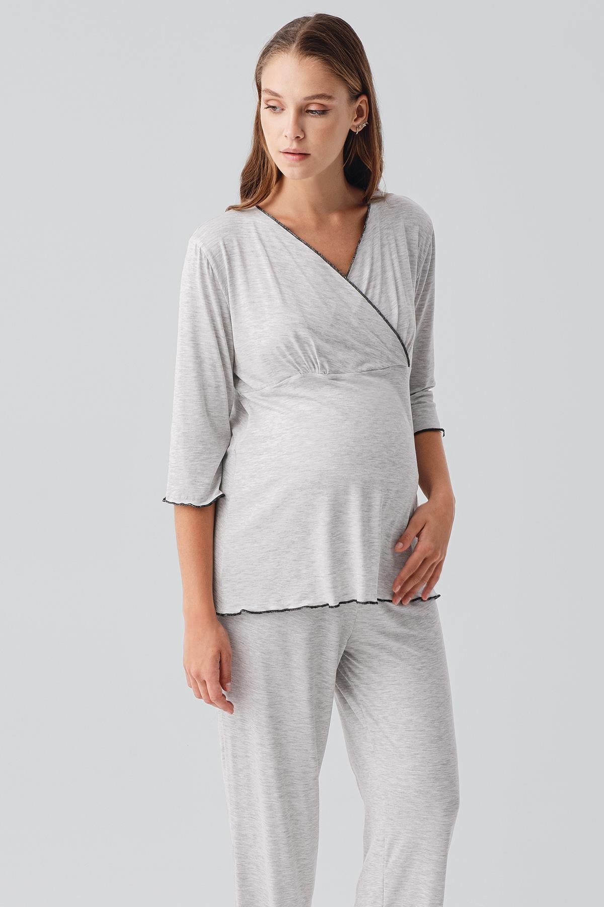 Uzun Kollu Likralı Esnek Viskoz Soft Hamile Pijama Takım 19212