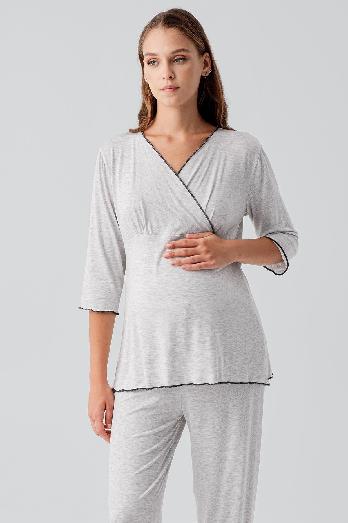 Uzun Kollu Likralı Esnek Viskoz Soft Hamile Pijama Takım 19212