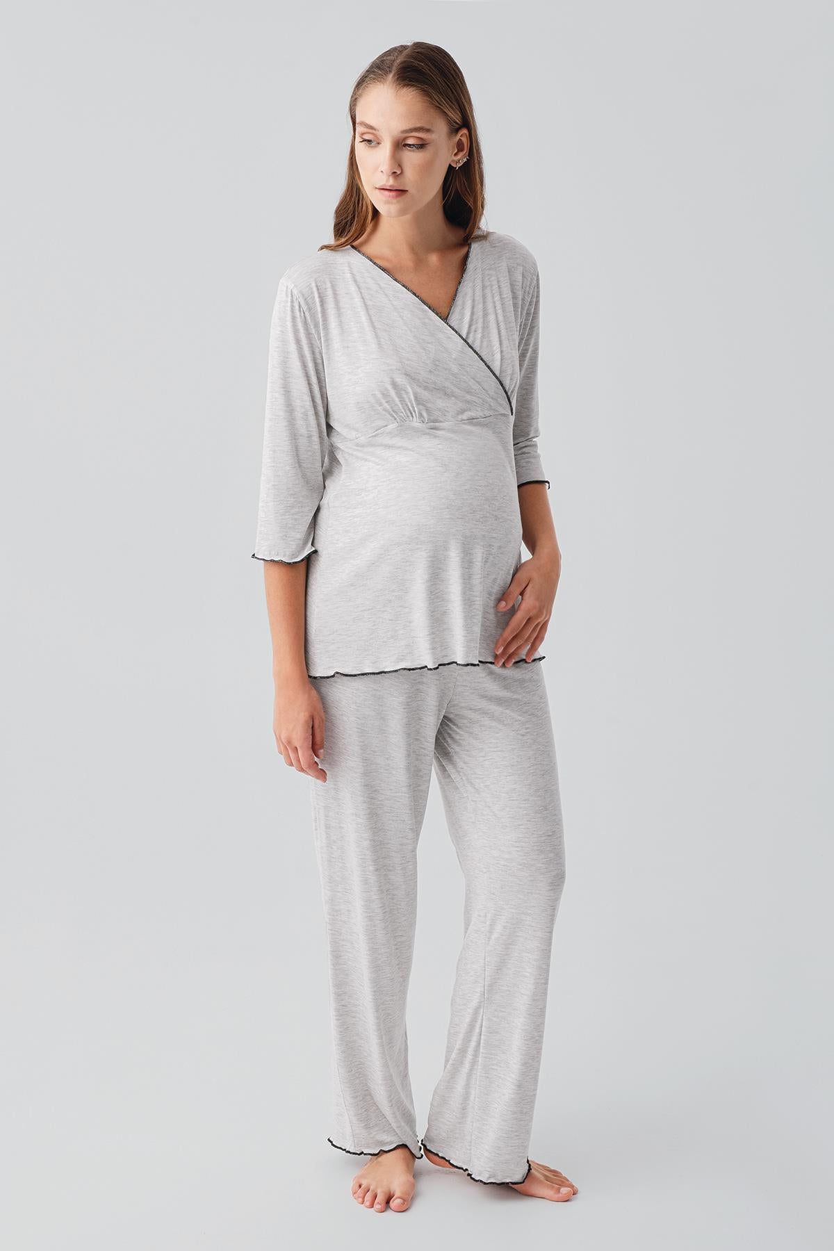 Uzun Kollu Likralı Esnek Viskoz Soft Hamile Pijama Takım 19212