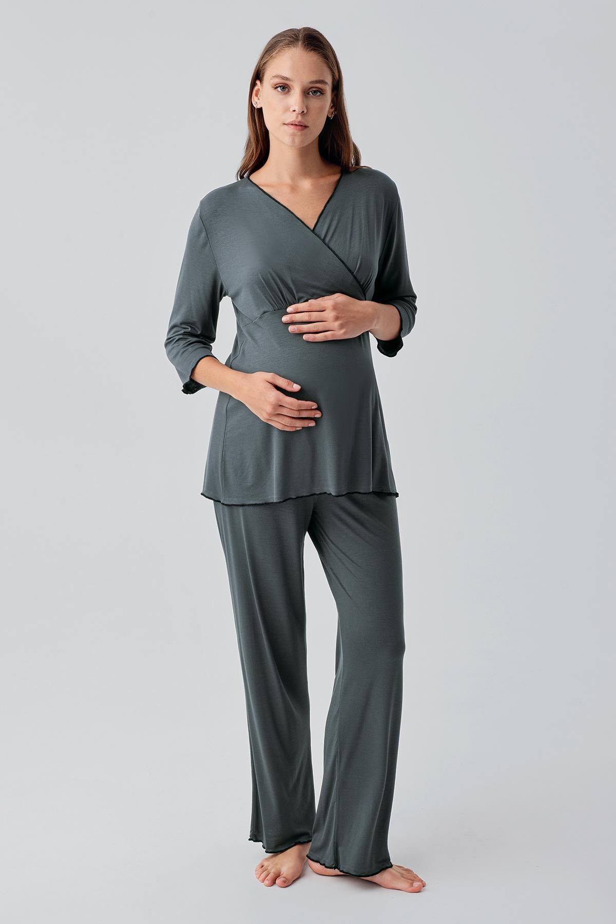 Uzun Kollu Likralı Esnek Viskoz Soft Hamile Pijama Takım 19212