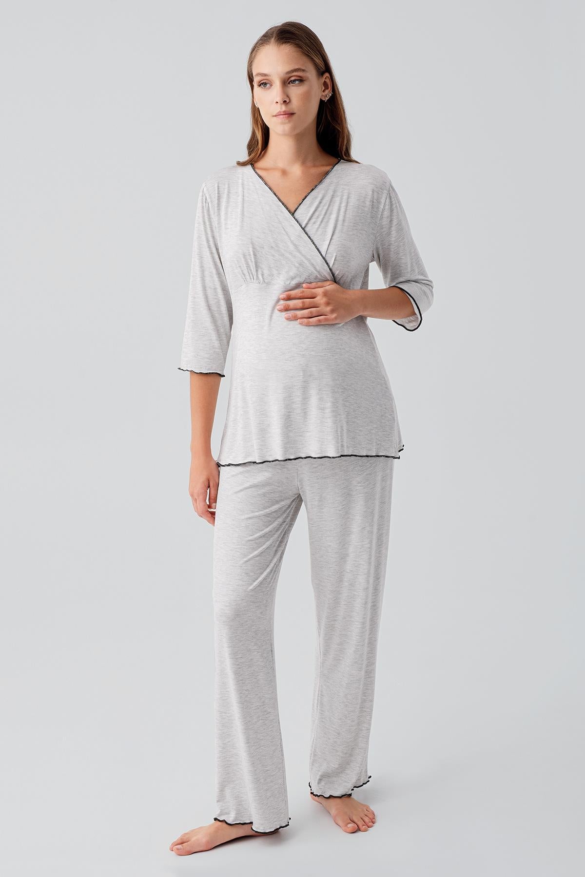 Uzun Kollu Likralı Esnek Viskoz Soft Hamile Pijama Takım 19212