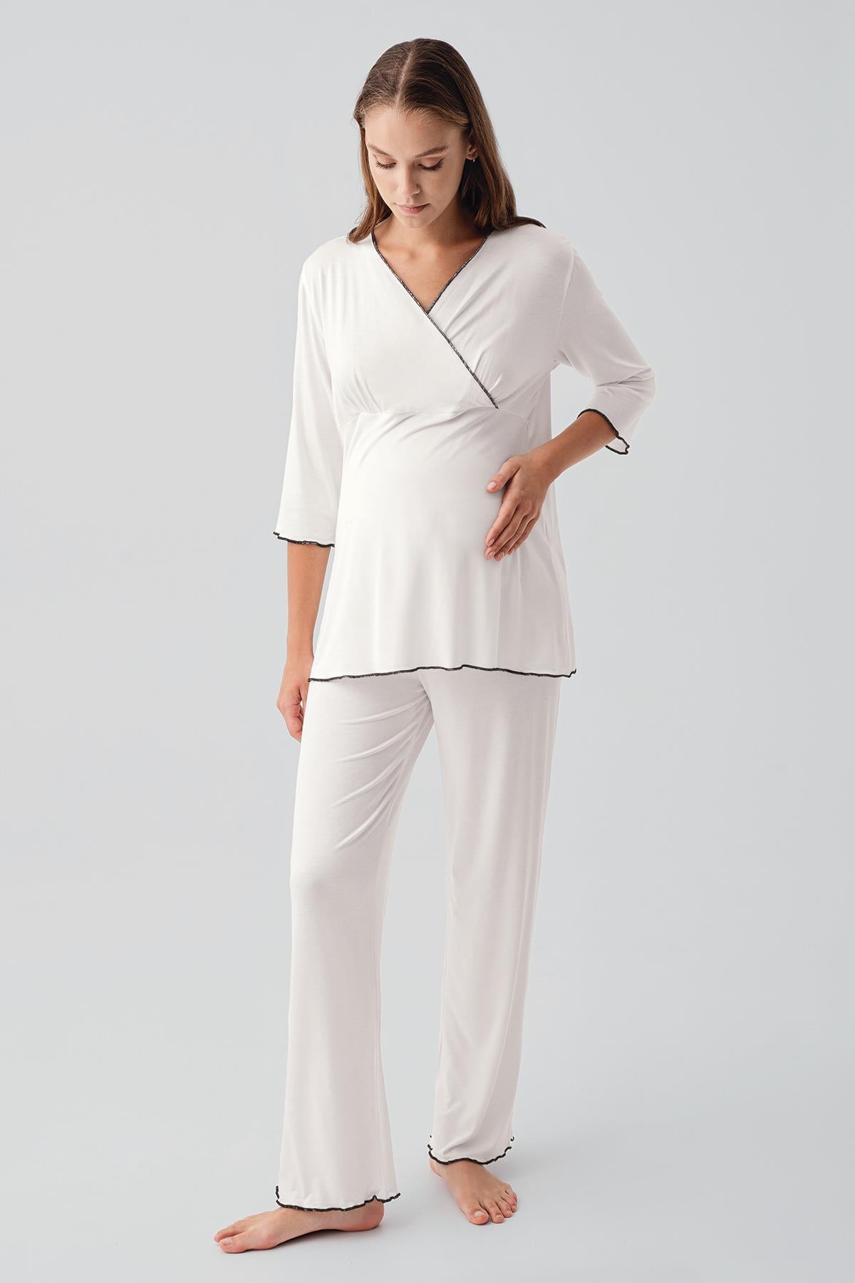 Uzun Kollu Likralı Esnek Viskoz Soft Hamile Pijama Takım 19212
