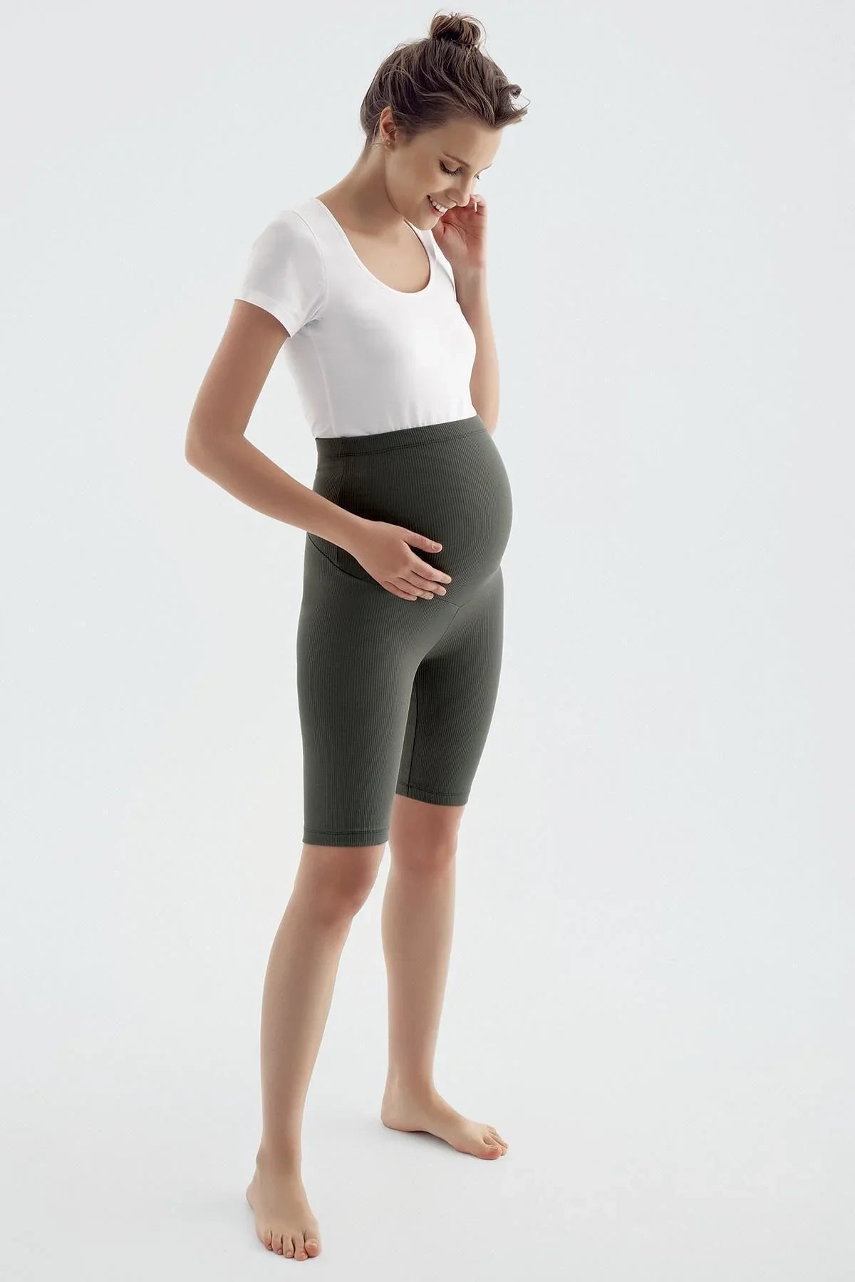 Ribbed Above Knee Biker Flexible Adjustable Waist Maternity Tights F13