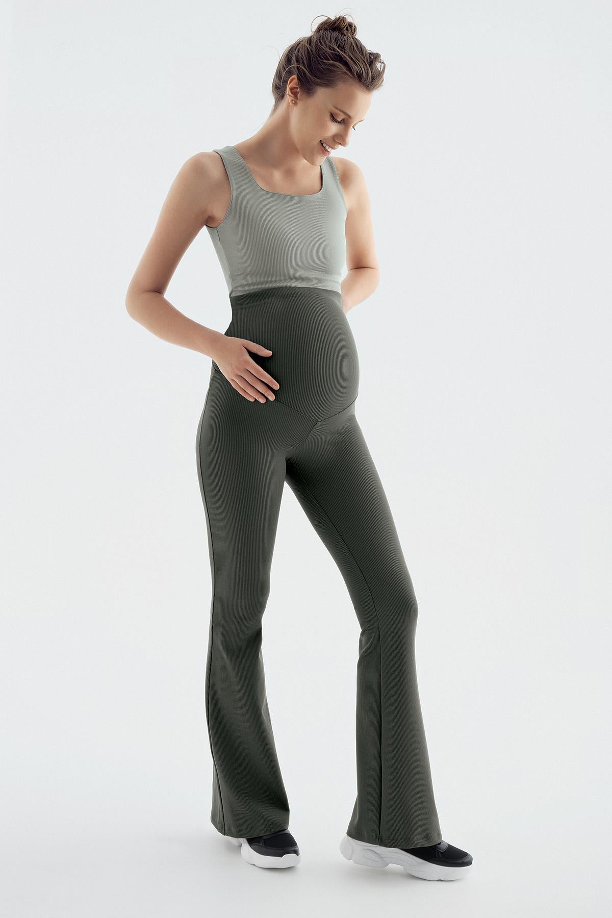 Ribbed Flare Leg High Waist Stretchy Maternity Tights F09