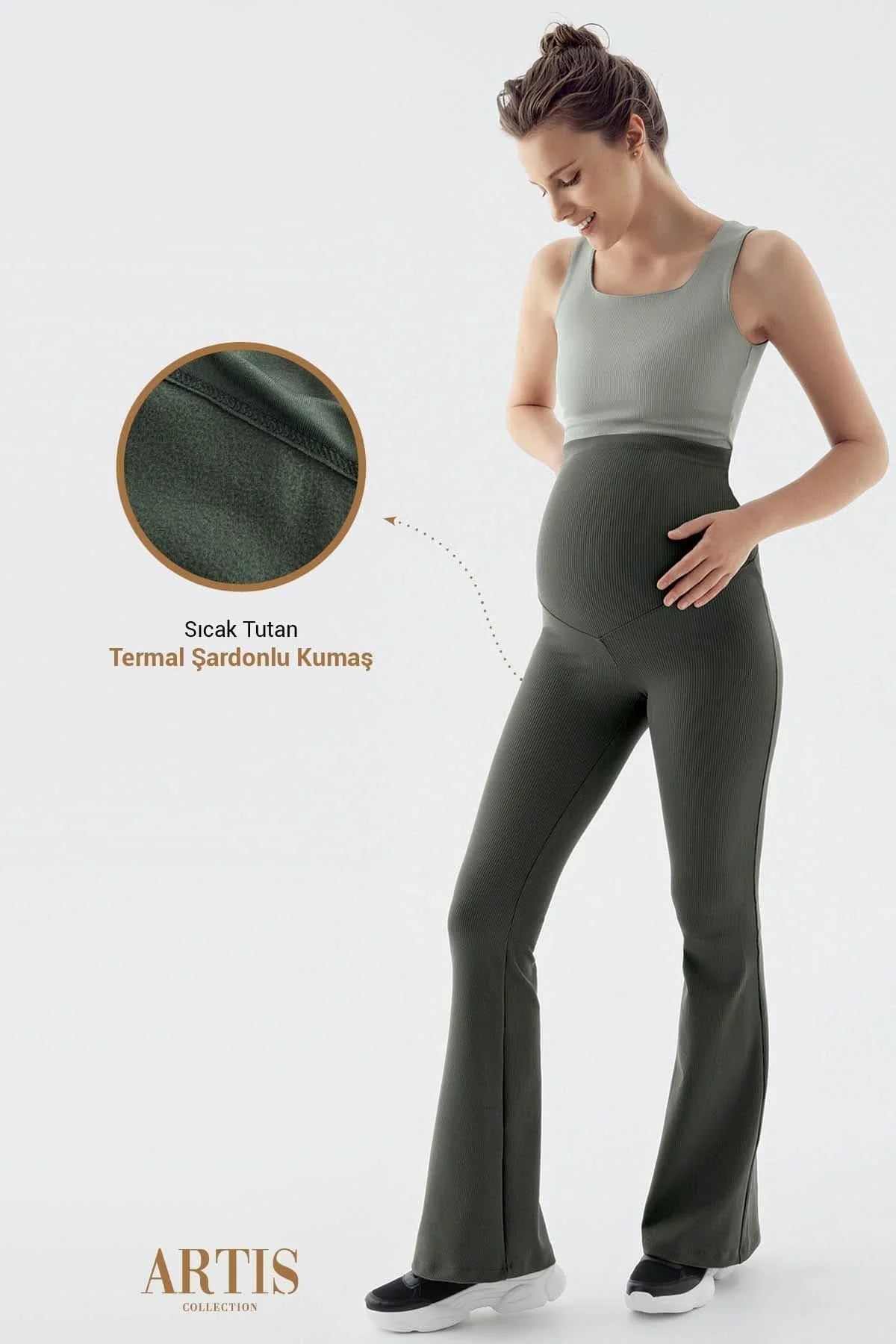 Fitilli Termal Şardonlu Sıcak Tutan Esnek Beli Ayarlanabilir Kışlık İspanyol Paça Hamile Tayt F15