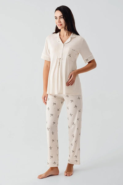 Fiyonk Desenli Düğmeli Kısa Kollu  Esnek Viskoz Hamile Pijama Takım 17207
