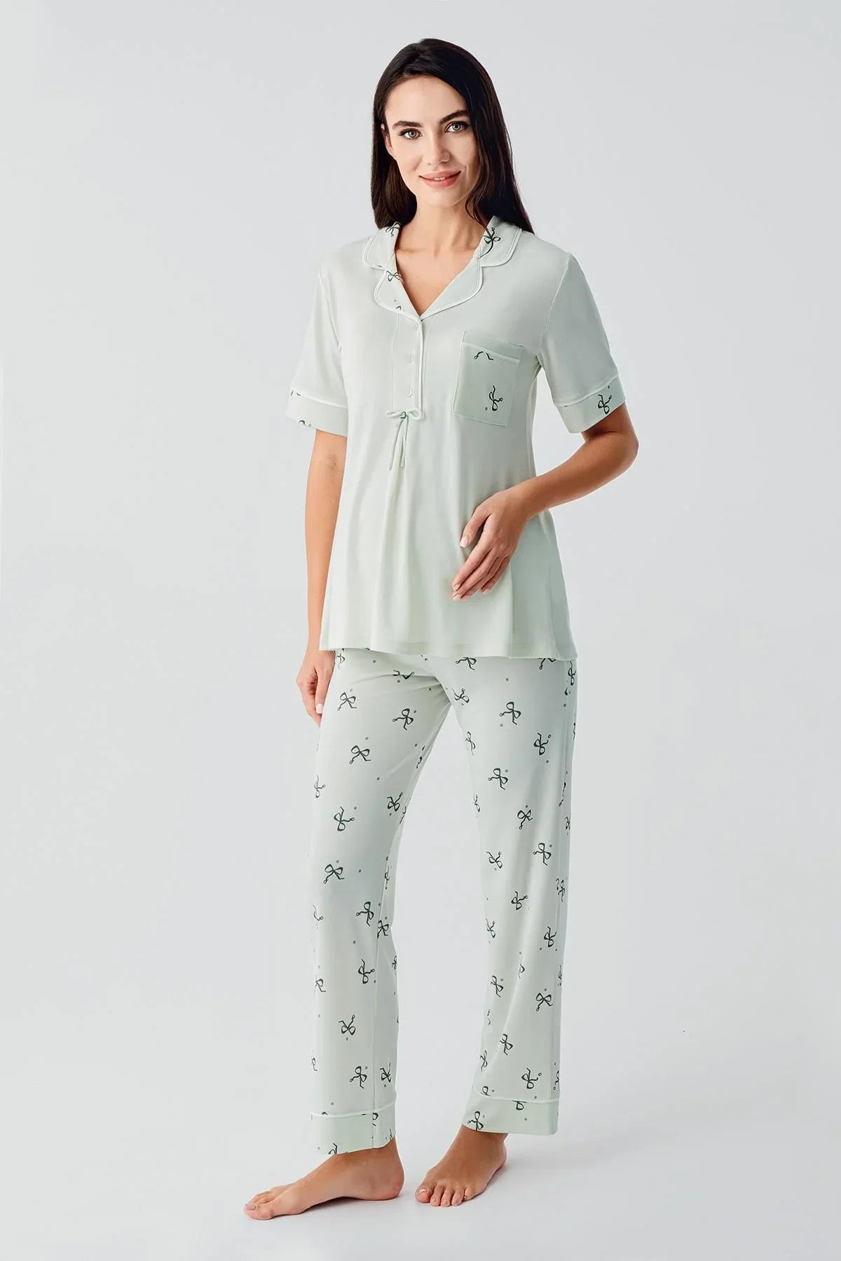 Fiyonk Desenli Düğmeli Kısa Kollu Esnek Viskoz Hamile Pijama Takım 17207 - Artış Collection