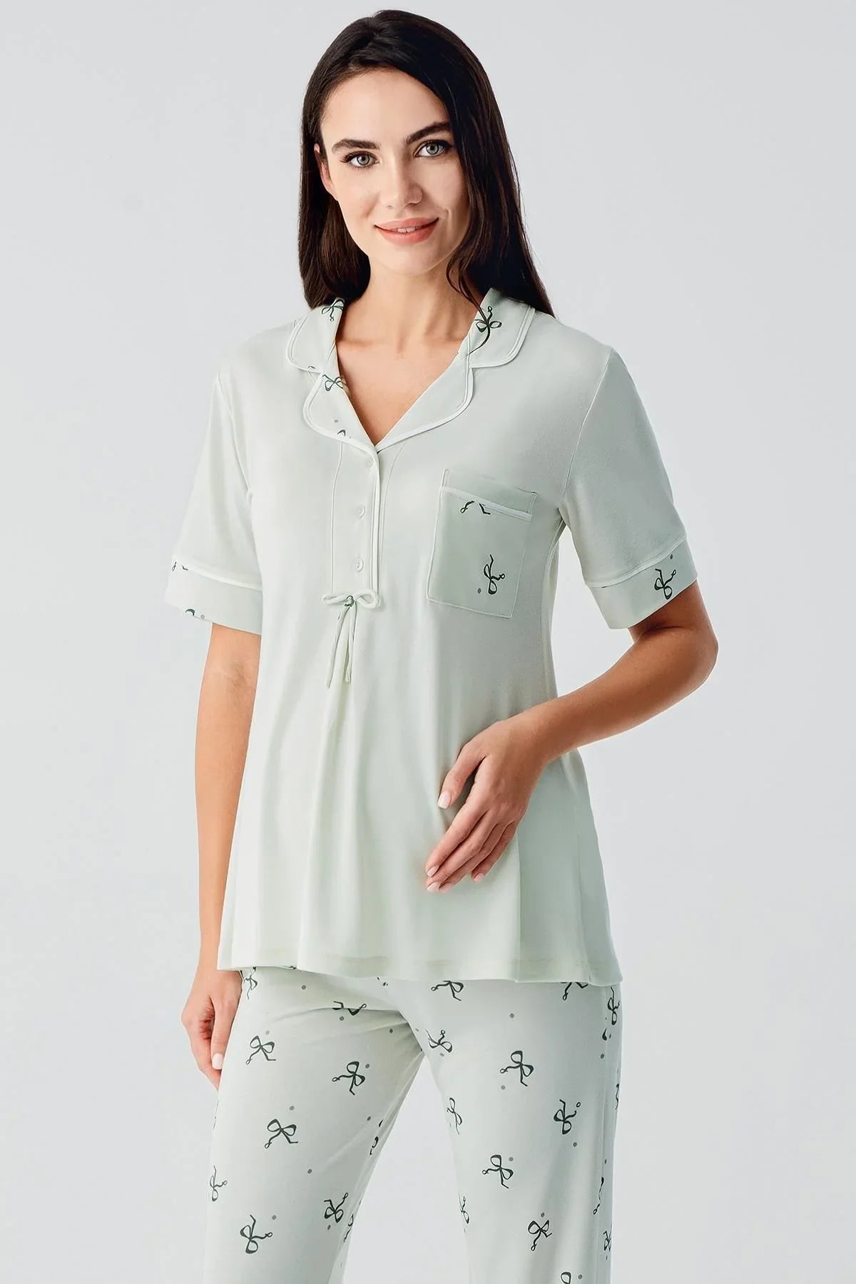 Fiyonk Desenli Düğmeli Kısa Kollu Esnek Viskoz Hamile Pijama Takım 17207 - Artış Collection