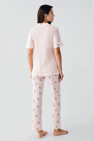 Fiyonk Desenli Düğmeli Kısa Kollu  Esnek Viskoz Hamile Pijama Takım 17207