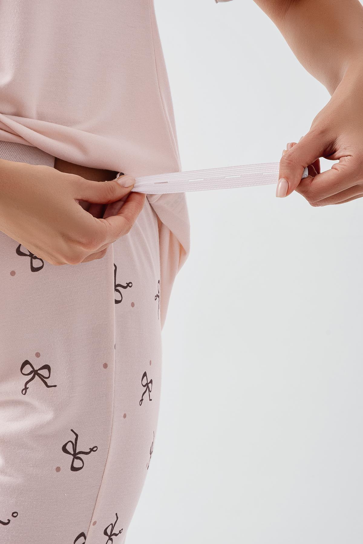 Fiyonk Desenli Düğmeli Kısa Kollu  Esnek Viskoz Hamile Pijama Takım 17207