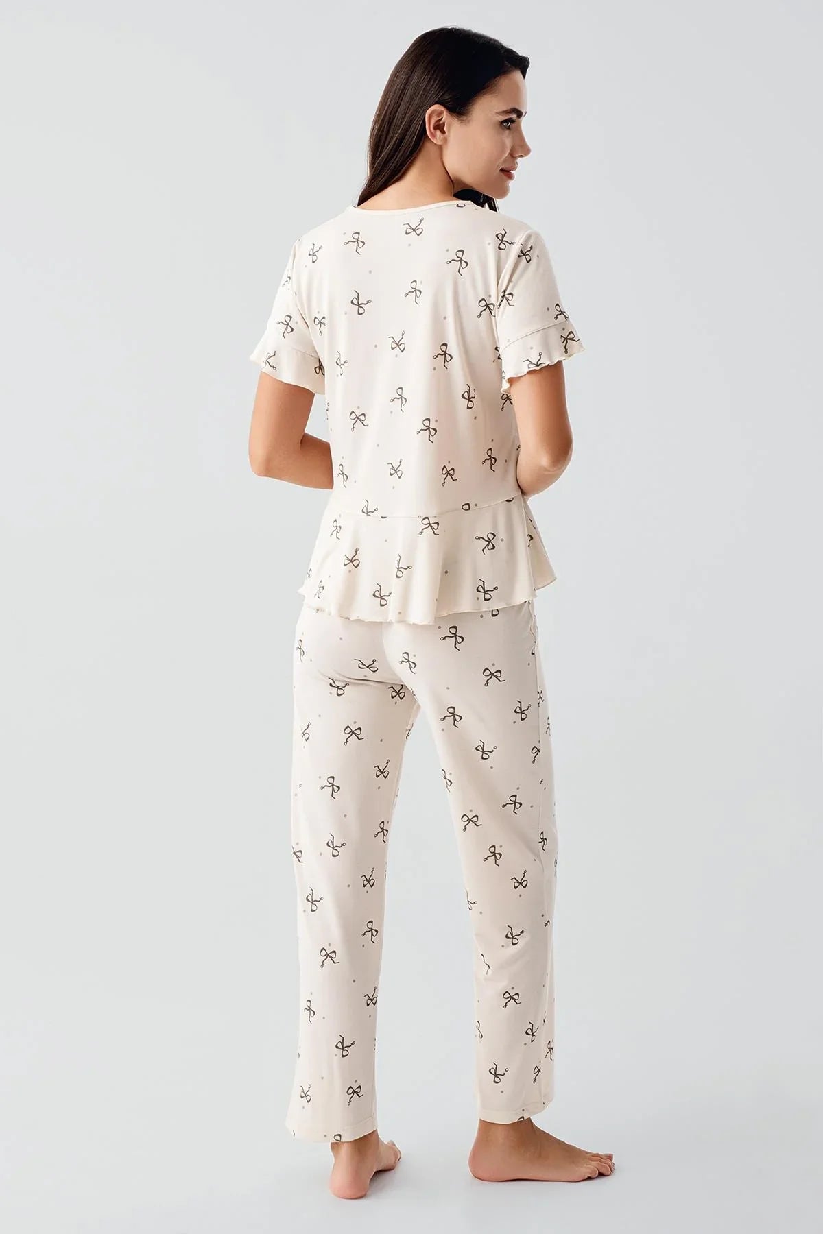 Fiyonk Desenli Kısa Kollu  Esnek Viskoz Pijama Takım 17206