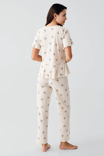 Fiyonk Desenli Kısa Kollu  Esnek Viskoz Pijama Takım 17206