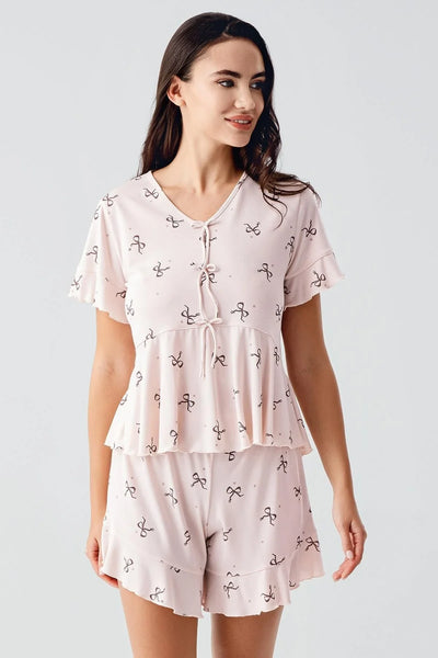 Fiyonk Desenli Kısa Kollu  Esnek Viskoz Şort Pijama Takım 17205